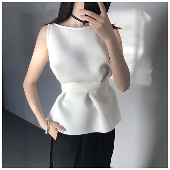Eggshell White Gathered Scuba Fabric Peplum Top - Picture 6 of 8